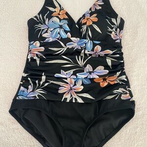 Black and Blue Floral One Piece Swimsuit with V-Neckline
